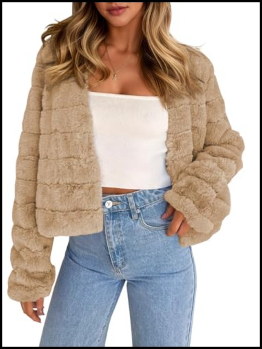 Women's Cropped Faux Fur Coat Long Sleeve Open Front Fluffy Jacket